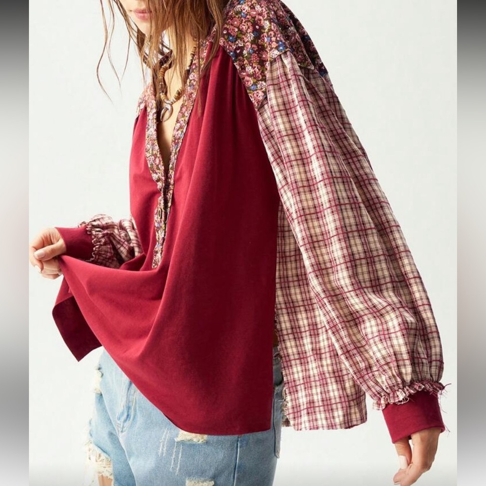 Red And Plaid Patchwork Blouse - image 4